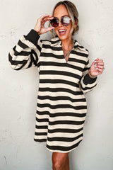 Black Stripe Collared V Neck Long Sleeve Loose Casual Dress Mini Dresses JT's Designer Fashion