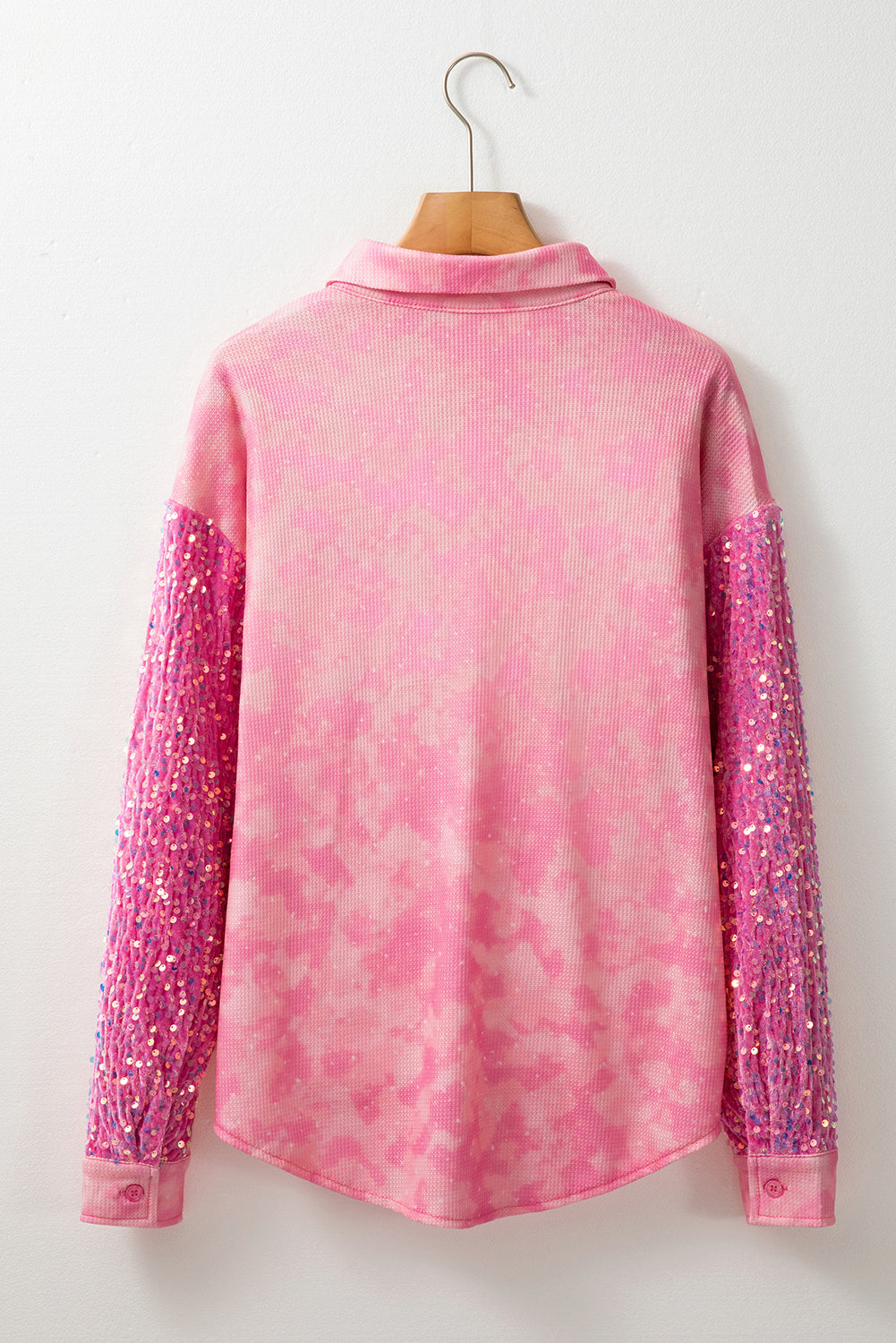 Apricot Pink Mineral Wash Sequin Patchwork Flap Pocket Shacket Jackets JT's Designer Fashion