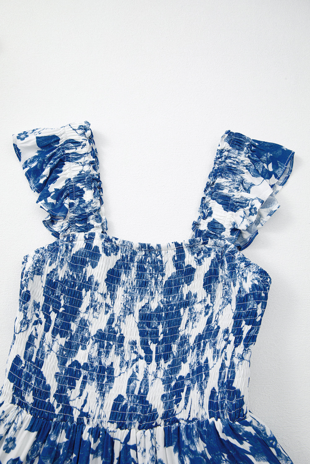 Blue Floral Ruffle Strap Square Neck Smocked Bodice Midi Dress Floral Dresses JT's Designer Fashion