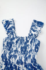 Blue Floral Ruffle Strap Square Neck Smocked Bodice Midi Dress Floral Dresses JT's Designer Fashion