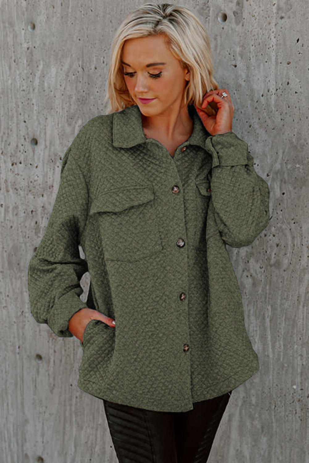 Green Retro Quilted Flap Pocket Button Shacket Jackets JT's Designer Fashion