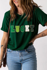 Green LUCKY Glitter Chenille Patched Crew Neck T Shirt Graphic Tees JT's Designer Fashion