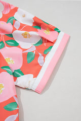 Fresh Salmon Floral Print Contrast Striped Trim Polo Collar T Shirt Dress Floral Dresses JT's Designer Fashion