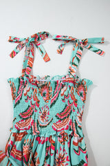 Green Abstract Print Smocked Bodice Knotted Straps Ruffled Long Dress Maxi Dresses JT's Designer Fashion