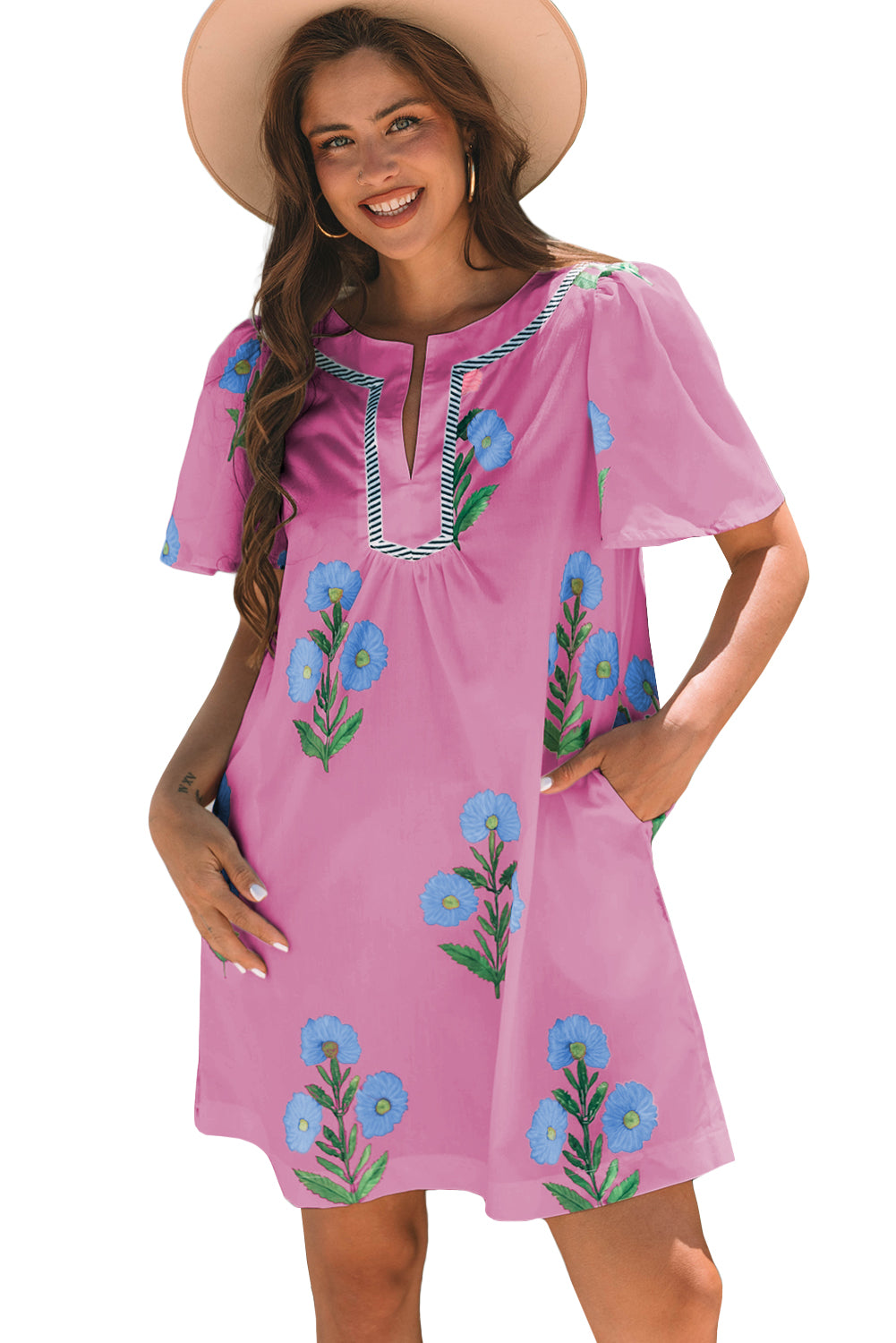 Rose Floral Short Sleeve Split Neck Loose Mini Dress Floral Dresses JT's Designer Fashion