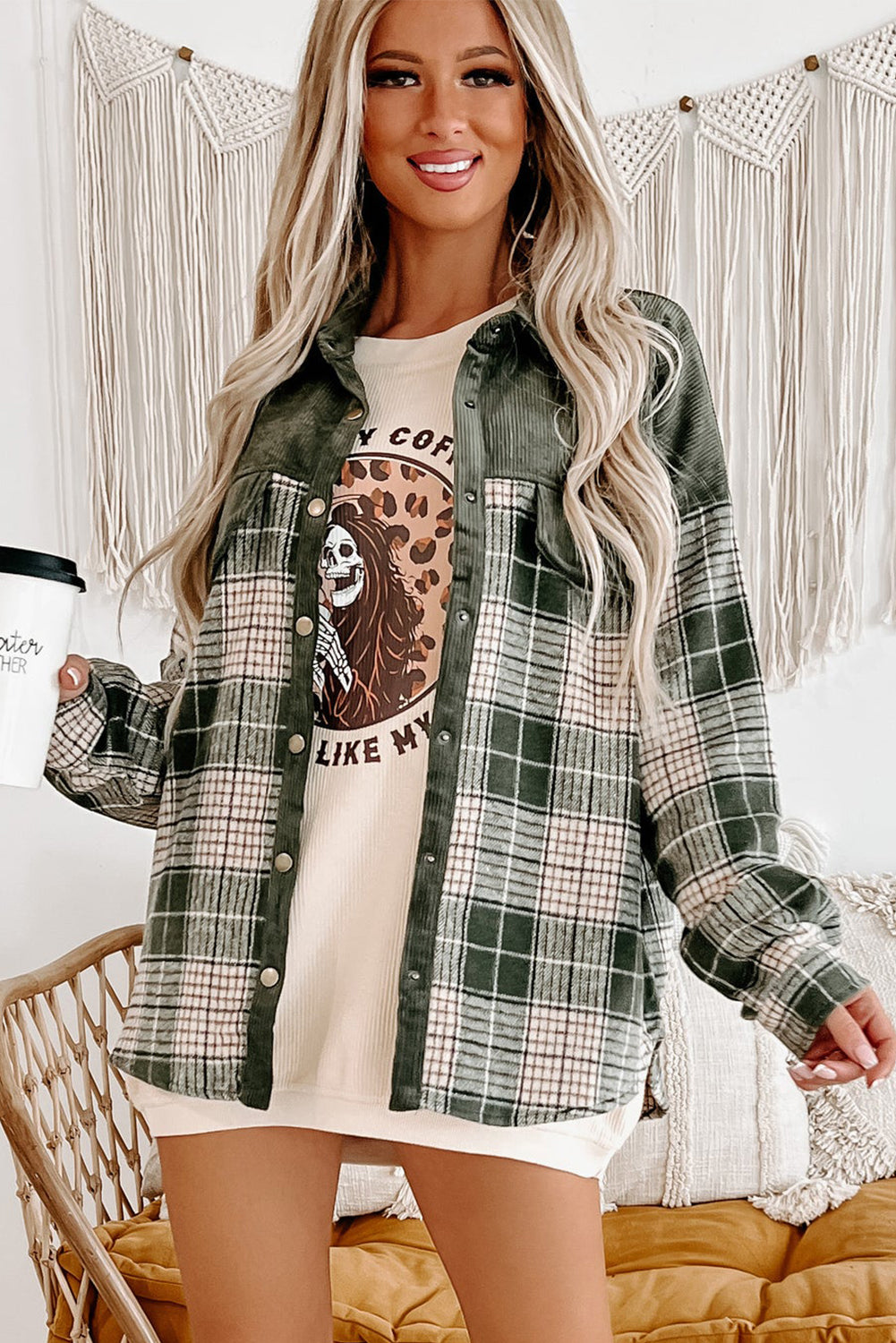 Blackish Green Snap Buttons Colorblock Plaid Shacket Plaid Shackets JT's Designer Fashion