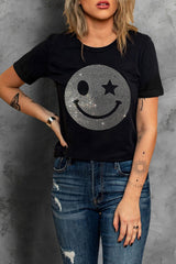 Black Sparkle Rhinestone Smile Face Graphic T Shirt Graphic Tees JT's Designer Fashion