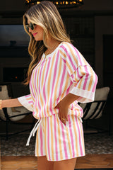 Pink Stripe Drop Shoulder Half Sleeve Loose Tee and Shorts Casual Set Short Sets JT's Designer Fashion