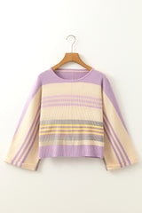 Purple Stripe Borderline Rib Knit Cuffed Dolman Sleeve Sweater Sweaters JT's Designer Fashion