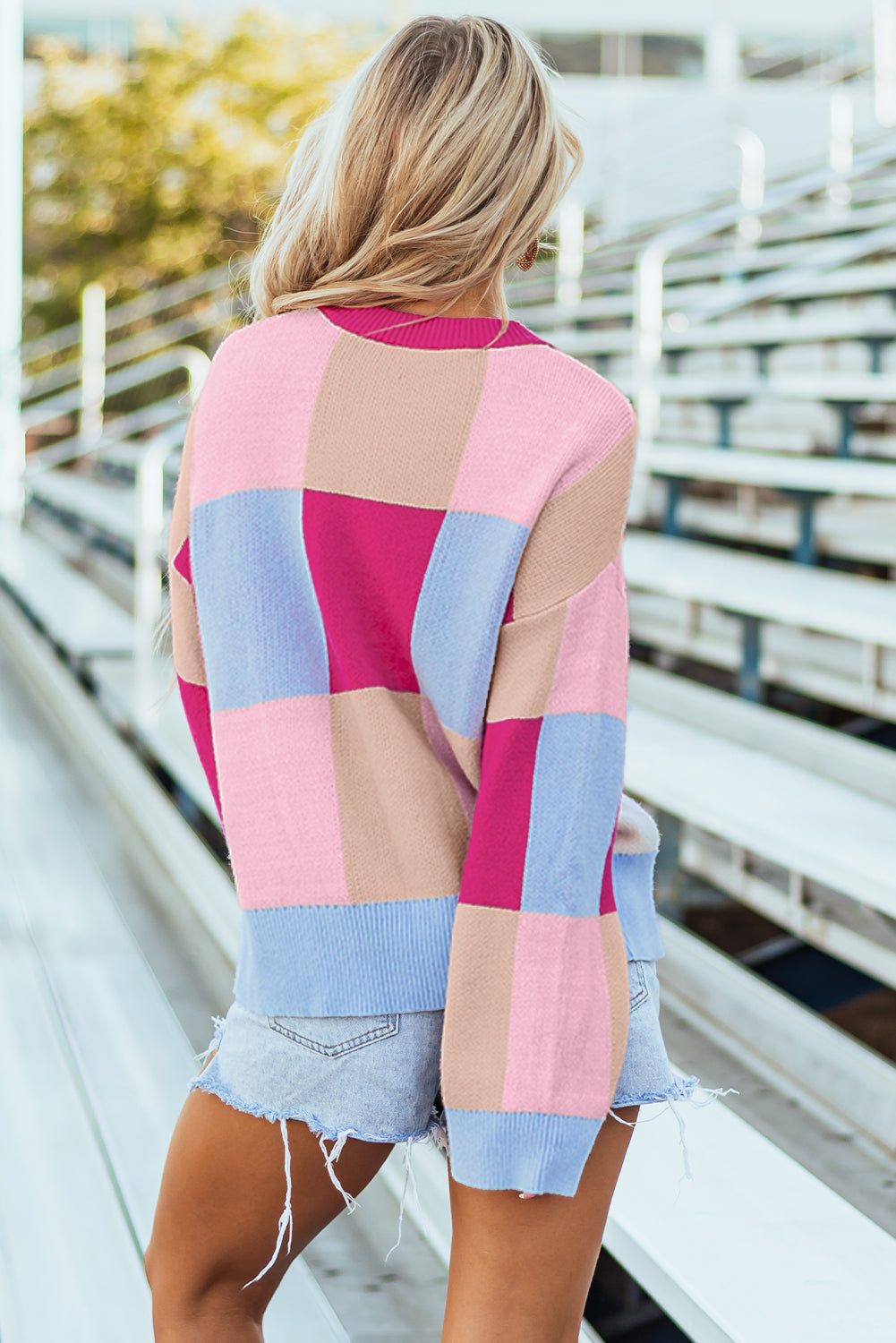 Rose Red Color Block Drop Shoulder Crewneck Loose Fit Sweater Sweaters JT's Designer Fashion