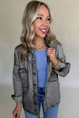 Medium Grey Mineral Wash Patched Pocket Split Denim Jacket Denim Jackets JT's Designer Fashion