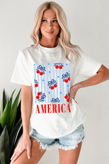 White Bow Cherry AMERICA Graphic Crewneck Patriotic T Shirt Graphic Tees JT's Designer Fashion