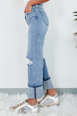 Dusk Blue High Rise Asymmetric Button Zip Fly Ripped Jeans Jeans JT's Designer Fashion