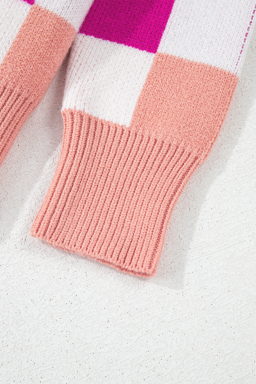 Pink Checkered Ribbed Edge O Neck Drop Shoulder Sweater Sweaters JT's Designer Fashion