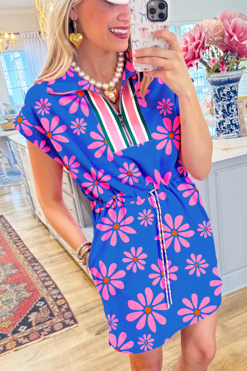 Purple Floral Striped Quarter Zip Cap Sleeve Drawstring Waist Mini Dress Floral Dresses JT's Designer Fashion