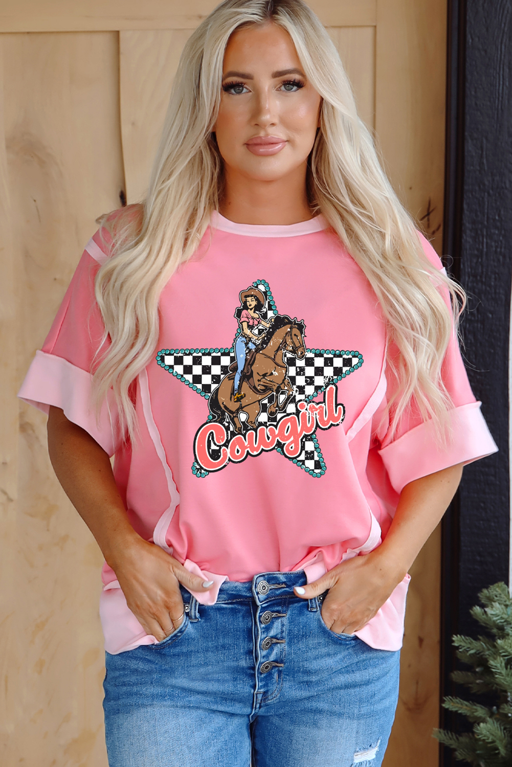 Peach Blossom Cowgirl Checkered Star Shape Print Exposed Seam T Shirt Graphic Tees JT's Designer Fashion