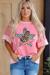Peach Blossom Cowgirl Checkered Star Shape Print Exposed Seam T Shirt Graphic Tees JT's Designer Fashion