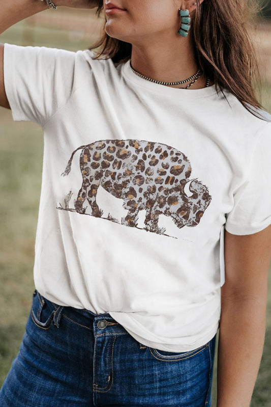 White Leopard Western Buffalo Graphic Tee Graphic Tees JT's Designer Fashion