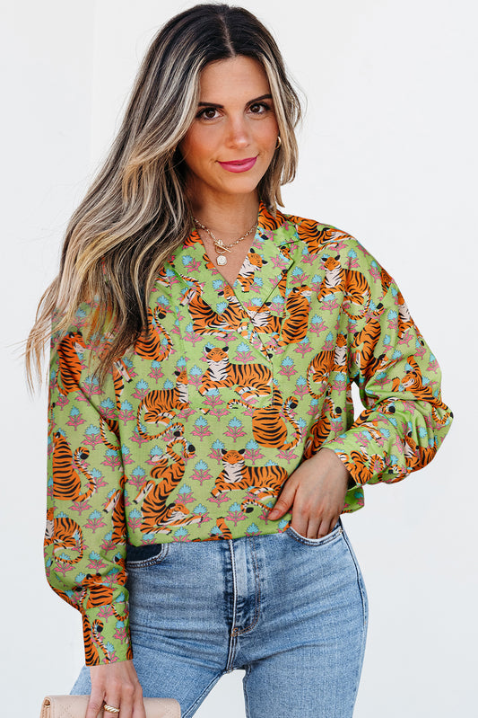 Green Tiger Floral Printed Collared V Neck Casual Shirt Green 100%Polyester Blouses & Shirts JT's Designer Fashion