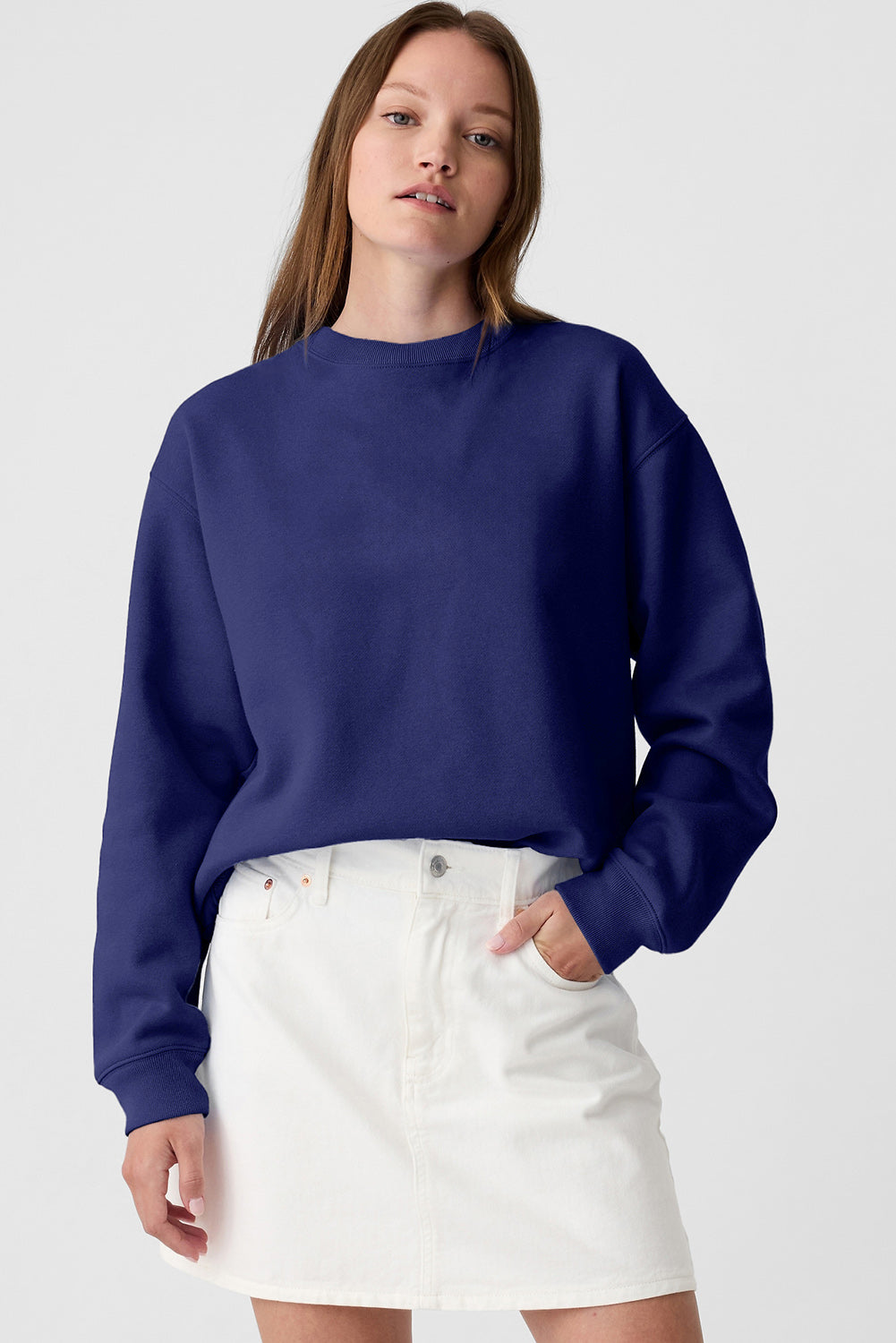 Navy Blue Plain Drop Shoulder Crewneck Pullover Sweatshirt Sweatshirts & Hoodies JT's Designer Fashion