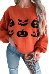 Orange Halloween Pumpkin Face Pattern Drop Shoulder Sweater Sweaters JT's Designer Fashion