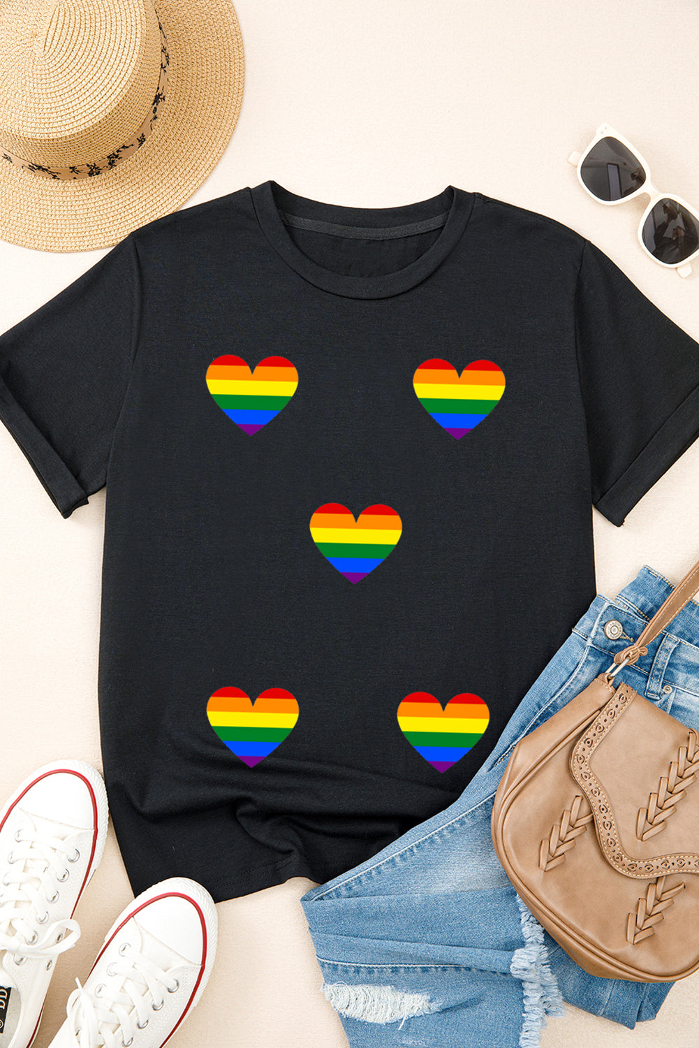 Black Heart Print Crew Neck Chic T Shirt Graphic Tees JT's Designer Fashion