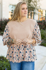 Beige Faux Two Piece Knit Patchwork Floral Print Plus Size Top Plus Size Blouses & Shirts JT's Designer Fashion