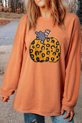 Orange Halloween Leopard Pumpkin Patchwork Ribbed Sweatshirt Graphic Sweatshirts JT's Designer Fashion