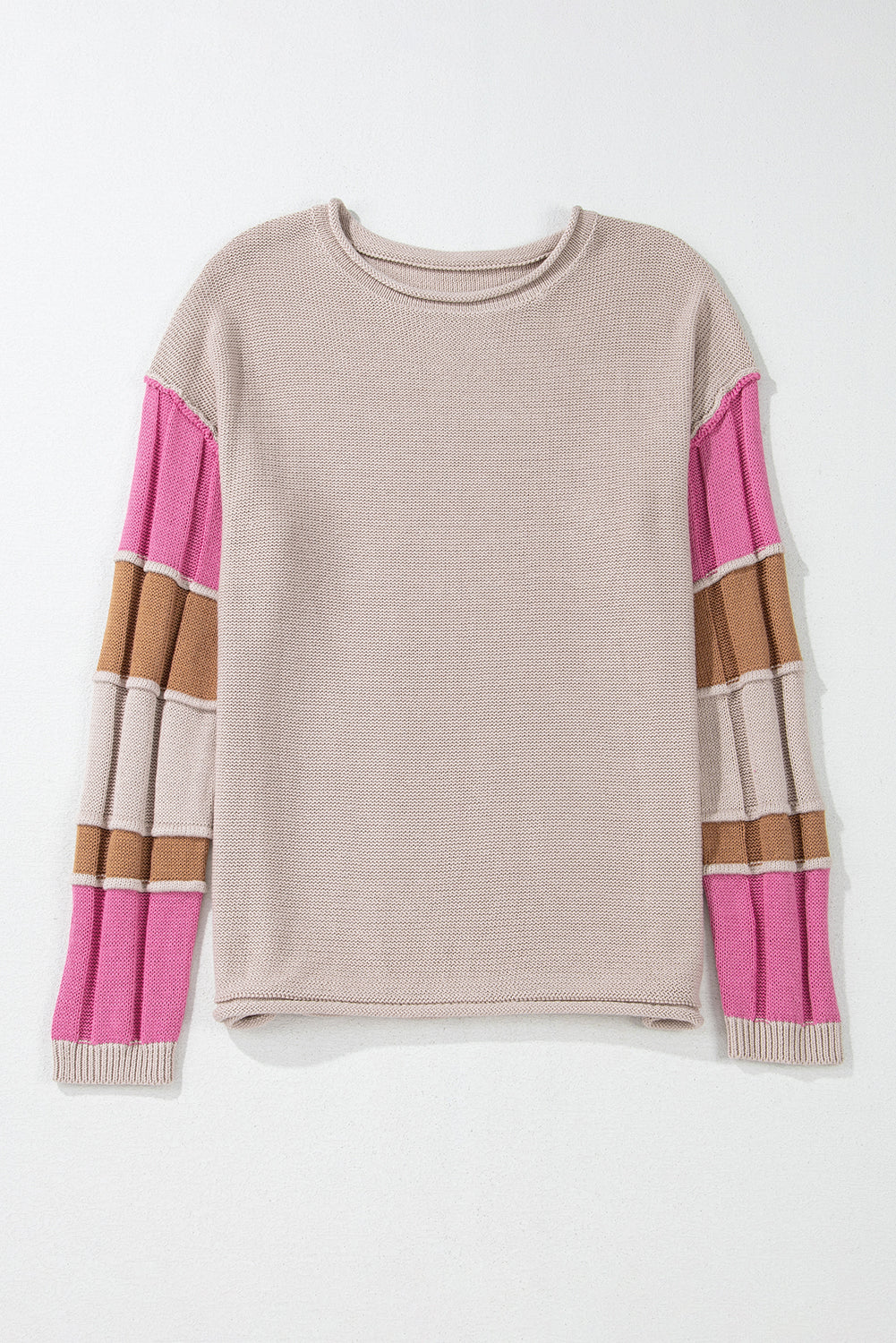 Simply Taupe Colorblock Exposed Seam Round Neck Sweater Sweaters JT's Designer Fashion