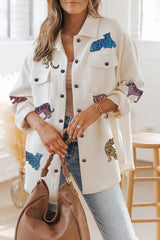 Beige Sequined Tigers Textured Shacket Jackets JT's Designer Fashion