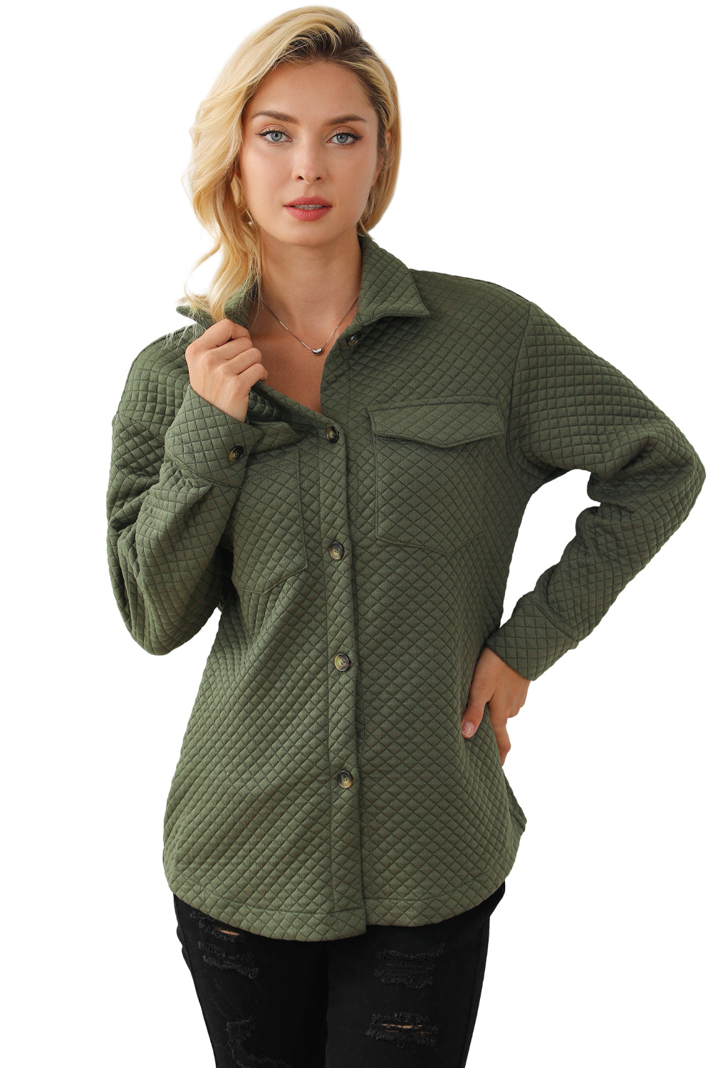 Green Retro Quilted Flap Pocket Button Shacket Jackets JT's Designer Fashion