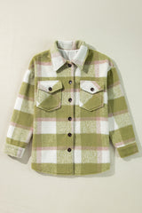 Sage Green Plaid Print Buttoned Flap Pockets Baggy Shacket Plaid Shackets JT's Designer Fashion