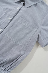 Blue Stripe Chest Pockets Buttoned Belted High Waist Romper Jumpsuits & Rompers JT's Designer Fashion