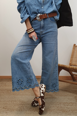 Dusk Blue Embroidered Cropped Wide Leg High Waist Jeans Jeans JT's Designer Fashion