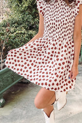 Brown Abstract Printed Flutter Sleeve Smocked Bodice Short Dress Mini Dresses JT's Designer Fashion