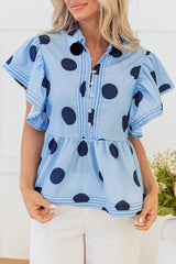 Sky Blue Polka Dot Print Ruffled Short Sleeve Buttoned Collared Blouse Blouses & Shirts JT's Designer Fashion