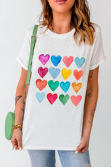White Colorful Heart Shaped Print Crew Neck T Shirt Graphic Tees JT's Designer Fashion