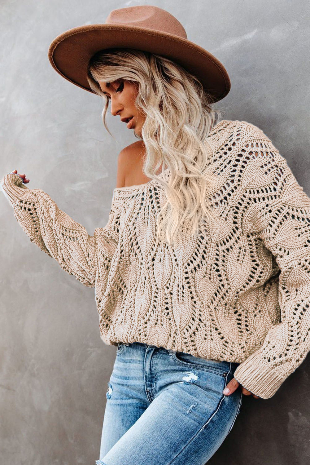 Apricot Crochet Knit Ribbed Hem Hollow-out Sweater Sweaters JT's Designer Fashion