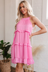 Pink Smocked Neck Knot Back Frilly Tiered Sleeveless Mini Dress Mini Dresses JT's Designer Fashion