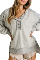 Gray Leopard Patchwork Exposed Seam Buttoned Neck Sweatshirt Sweatshirts & Hoodies JT's Designer Fashion