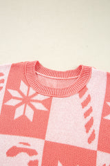 Pink Candycane Snowflake Checker Christmas Holiday Drop Shoulder Tunic Loose Sweater Sweaters JT's Designer Fashion