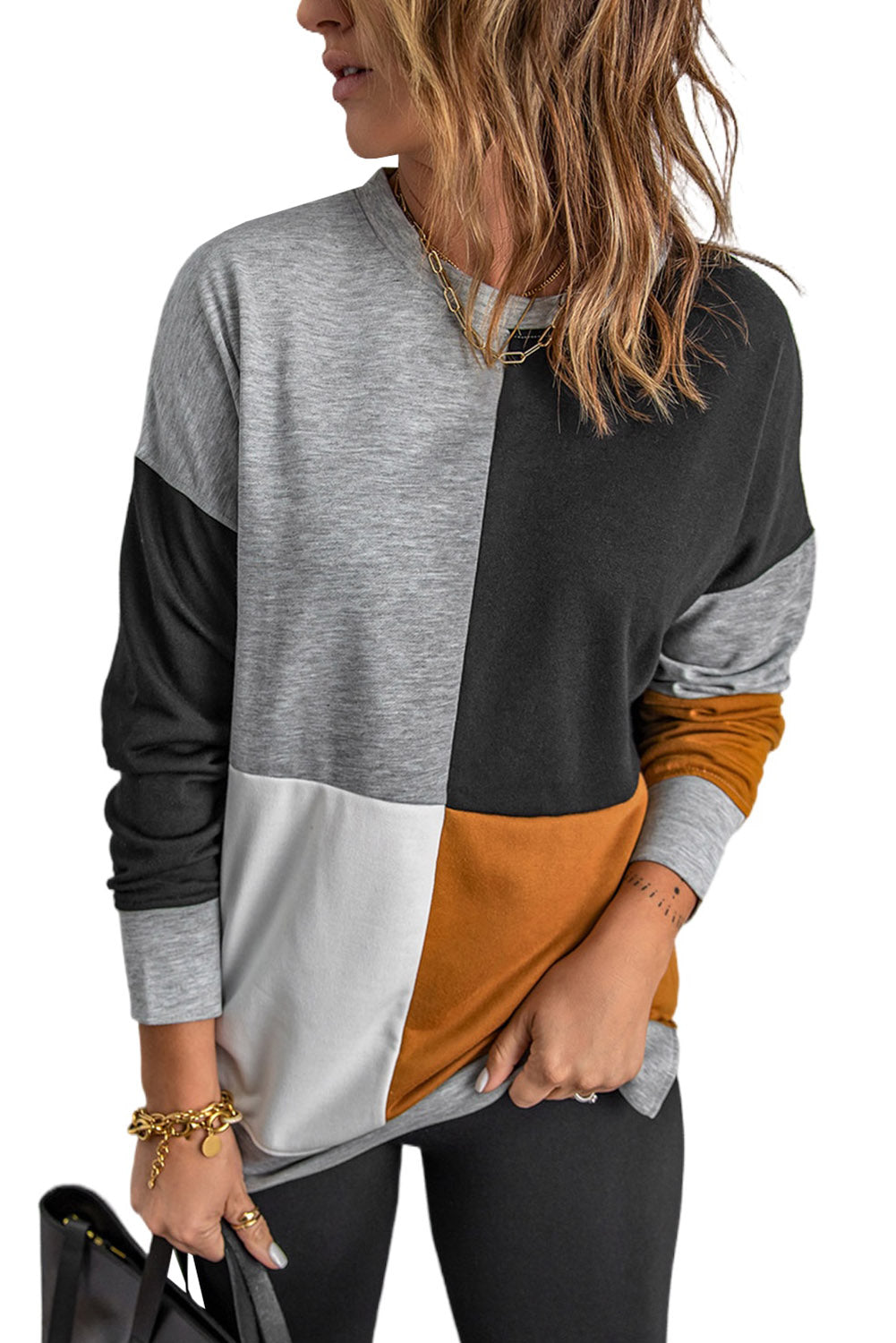 Color Block Round Neck Long Sleeves Pullover Sweatshirt Sweatshirts & Hoodies JT's Designer Fashion