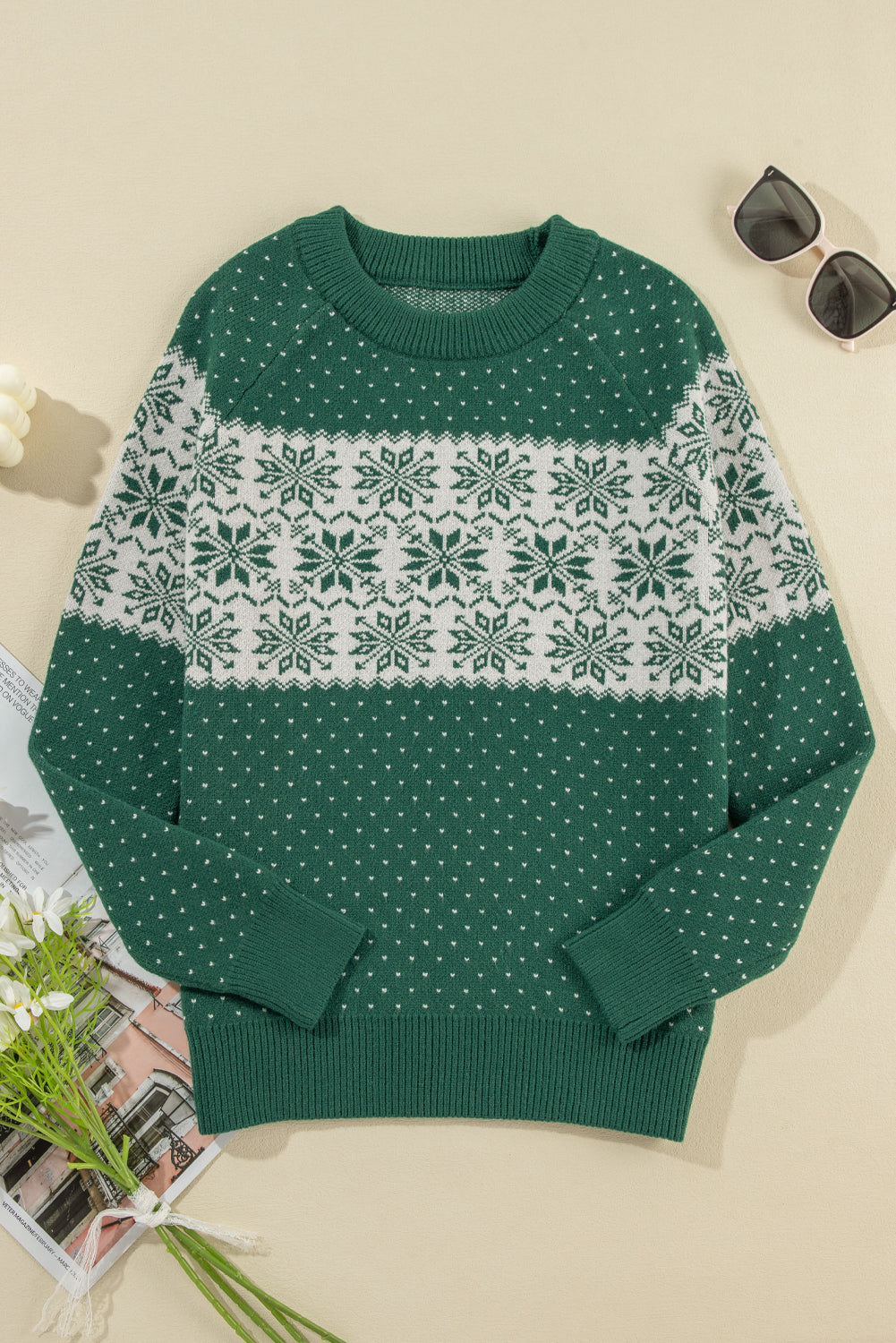 Green Christmas Snowflake Dotted Print Round Neck Sweater Sweaters JT's Designer Fashion