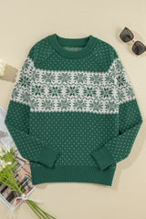 Green Christmas Snowflake Dotted Print Round Neck Sweater Sweaters JT's Designer Fashion