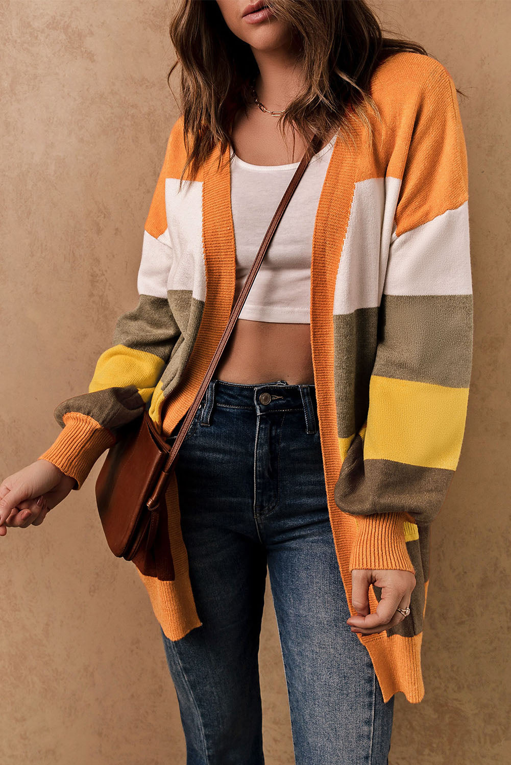 Open Front Pocketed Colorblock Cardigan Sweaters & Cardigans JT's Designer Fashion