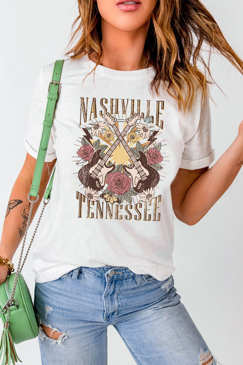 White Nashville Tennessee Guitar Rose Graphic Crewneck Tee Graphic Tees JT's Designer Fashion