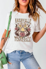 White Nashville Tennessee Guitar Rose Graphic Crewneck Tee Graphic Tees JT's Designer Fashion