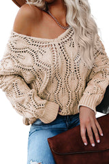 Apricot Crochet Knit Ribbed Hem Hollow-out Sweater Sweaters JT's Designer Fashion