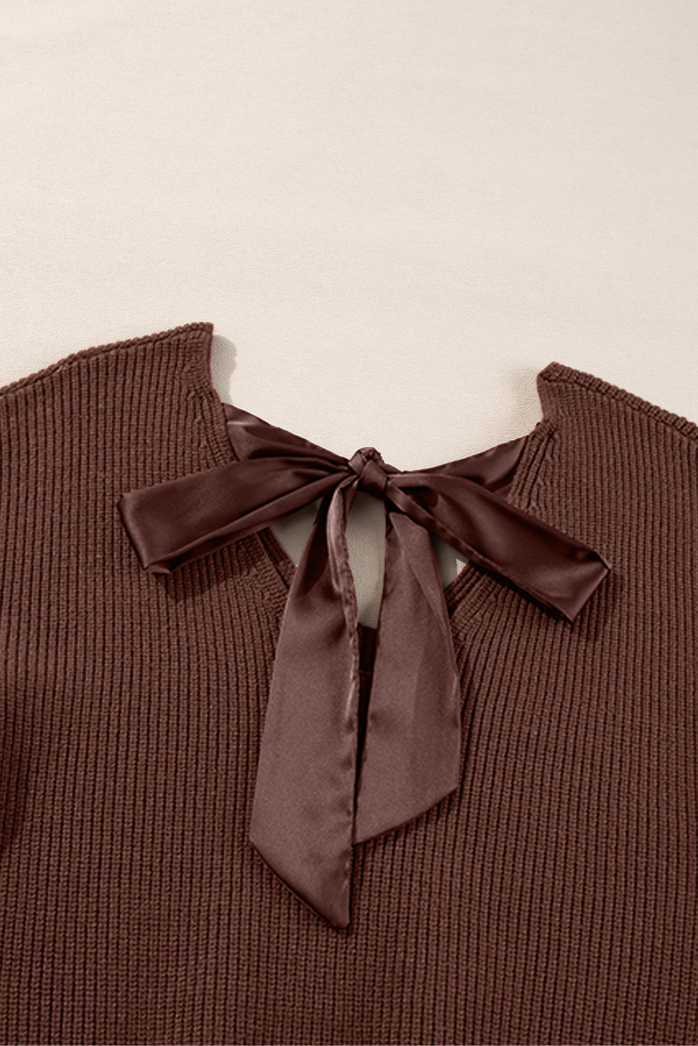 Coffee Lantern Sleeve V Neck Knot Back Sweater Sweaters JT's Designer Fashion