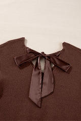 Coffee Lantern Sleeve V Neck Knot Back Sweater Sweaters JT's Designer Fashion
